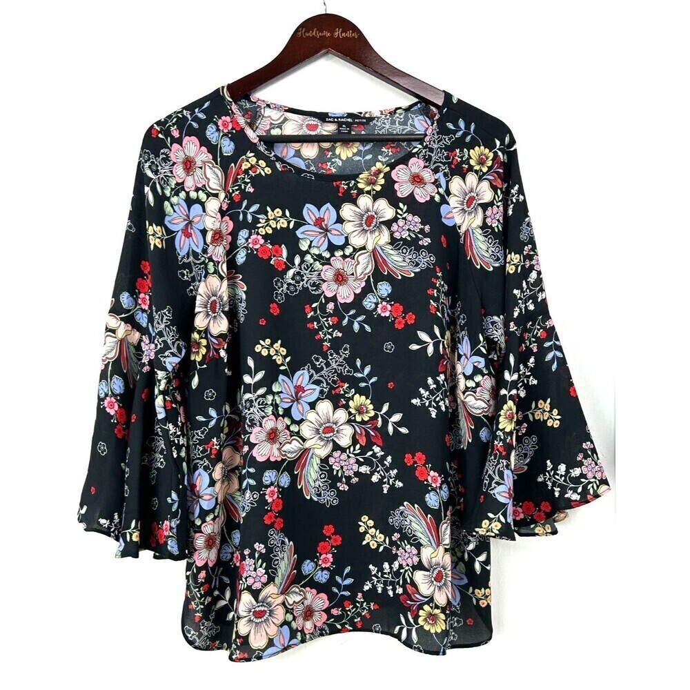 Zac & Rachel Womens Black Floral Round Neck Bell Sleeve Sheer Blouse PL 1140U4 - Picture 3 of 12